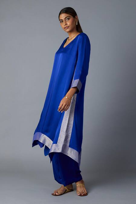 Buy_Vasstram_Blue Modal, Satin, Silk Zari V-neck Kamal Asymmetric Kurta And Pant Set _Online_at_Aza_Fashions