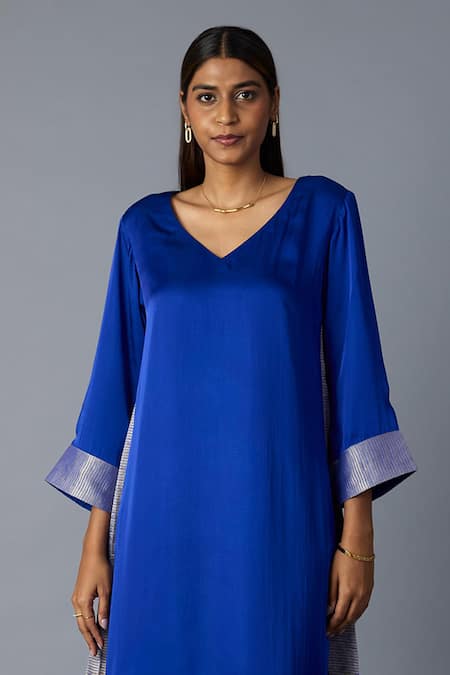 Vasstram_Blue Modal, Satin, Silk Zari V-neck Kamal Asymmetric Kurta And Pant Set _at_Aza_Fashions