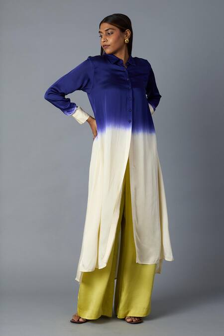 Buy_Vasstram_Blue Modal, Satin Collared Ombre Kurta And Pant Set _Online_at_Aza_Fashions