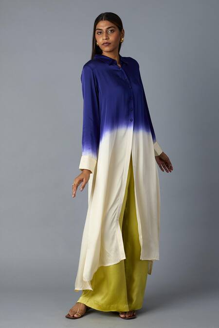 Shop_Vasstram_Blue Modal, Satin Collared Ombre Kurta And Pant Set _Online_at_Aza_Fashions