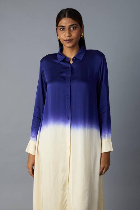 Vasstram_Blue Modal, Satin Collared Ombre Kurta And Pant Set _at_Aza_Fashions