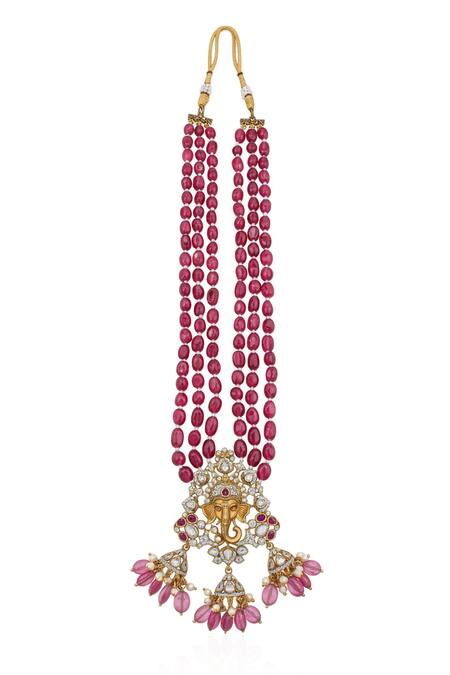 Buy_Minaki_Red Beads, Pearls, Stones Ganesha Ruby And Layered Necklace Set _Online_at_Aza_Fashions