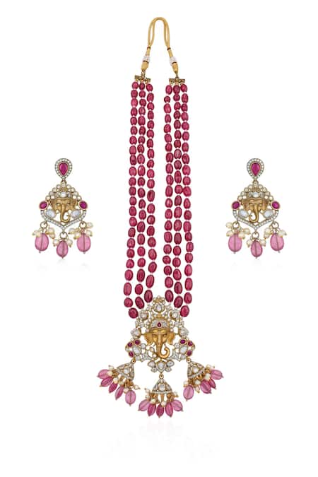 Minaki Ganesha Ruby Bead & Pearl Layered Necklace Set 