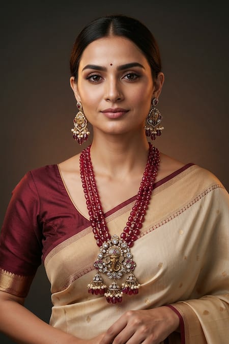 Minaki Ganesha Ruby Bead & Pearl Layered Necklace Set 