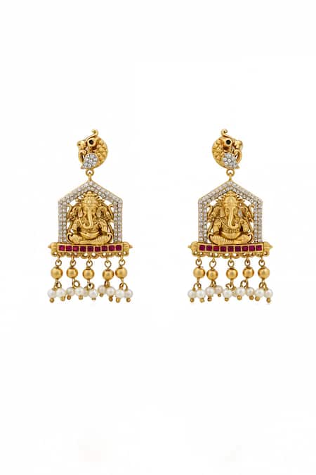 Minaki_Multi Color Beads, Pearls, Stones, Ganesha Layered Necklace And Matching Earrings _Online_at_Aza_Fashions