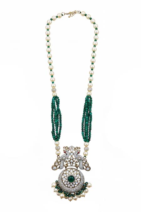 Minaki_Green Pearls, Stones Antique Finish And Beads Necklace Set _Online_at_Aza_Fashions