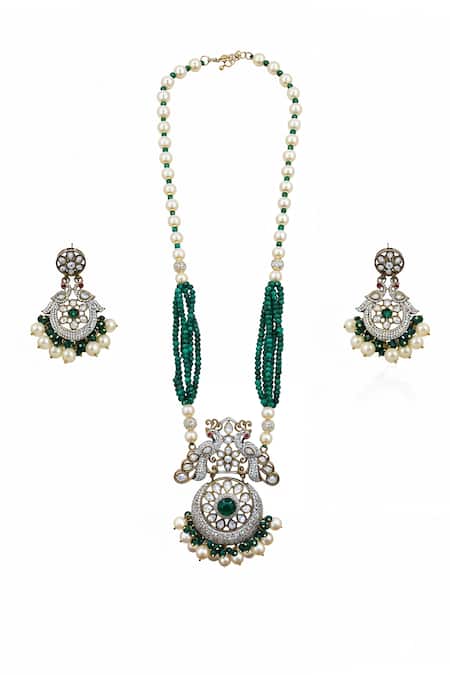 Minaki Antique Finish Pearl & Green Beads Necklace Set 