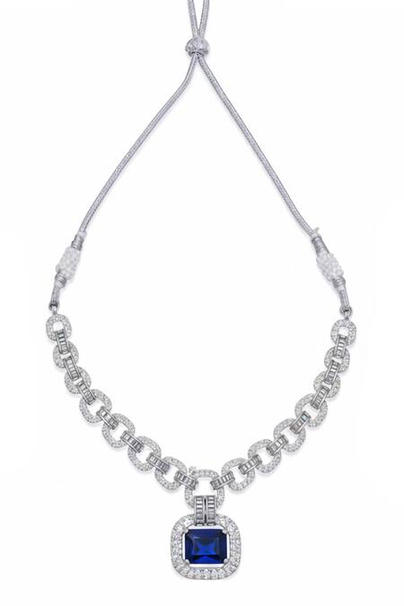 Minaki_Silver Plated Crystals, Stones Cubic Zirconia Studded Necklace And Earring Set _Online_at_Aza_Fashions