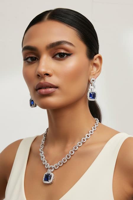 Minaki Cubic Zirconia Studded Necklace & Earring Set 