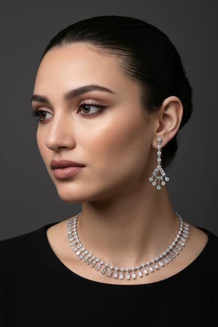 Minaki Cubic Zirconia Studded Necklace & Earring Set 