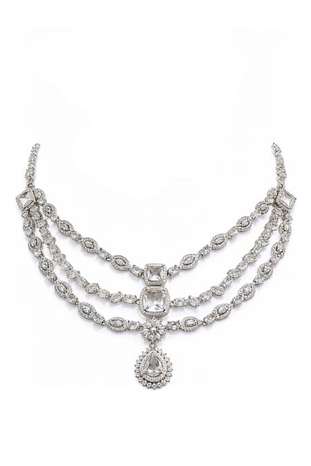 Buy Minaki Silver Plated Faux Diamonds Studded Layered Necklace And Earrings Set Online at Aza Fashions Buy_Minaki_Silver Plated Faux Diamonds Studded Layered Necklace And Earrings Set _Online_at_Aza_Fashions