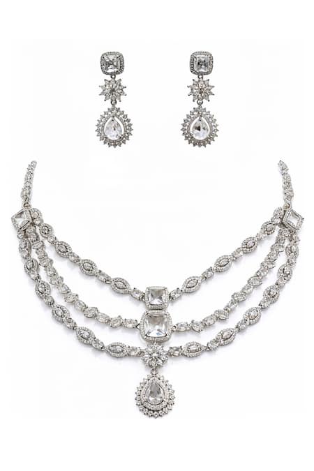Minaki Studded Layered Necklace & Earrings Set 