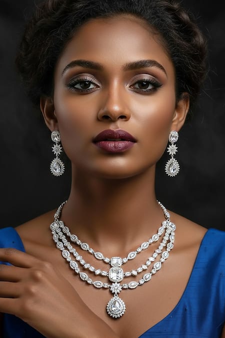Minaki Studded Layered Necklace & Earrings Set 