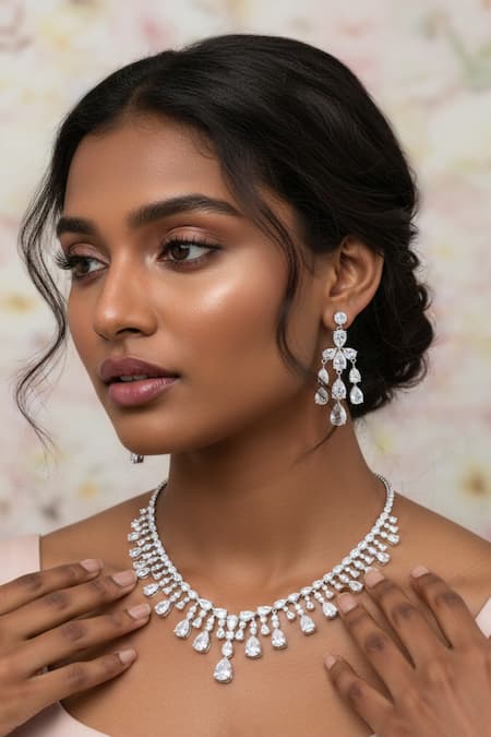 Minaki Cubic Zirconia Studded Necklace & Earrings Set 