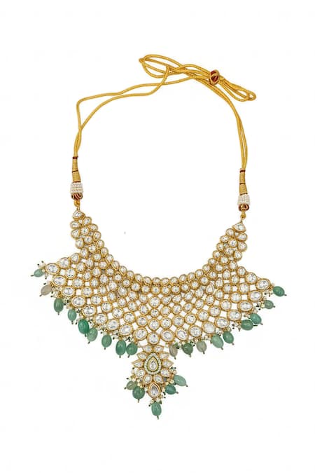 Shop Minaki Gold Plated Beads, Stones Kundan Setting And Green Necklace Set Online at Aza Fashions Shop_Minaki_Gold Plated Beads, Stones Kundan Setting And Green Necklace Set _Online_at_Aza_Fashions