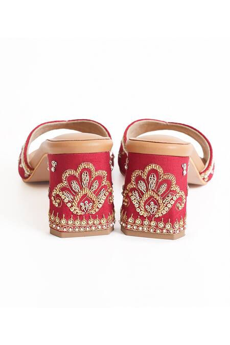 House Of Vitti India_Red Embroidery, Zari, Pearls, Sequins, Beads Heer Block Heels _at_Aza_Fashions