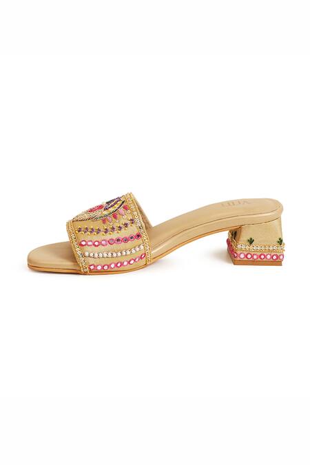 House Of Vitti India_Gold Embroidery, Sequins, Beads, Pearls Padmini Block Heels _Online_at_Aza_Fashions
