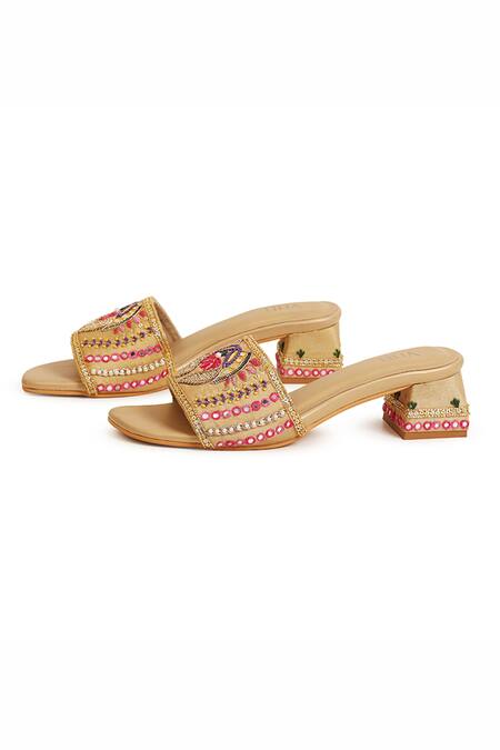 Buy_House Of Vitti India_Gold Embroidery, Sequins, Beads, Pearls Padmini Block Heels _Online_at_Aza_Fashions