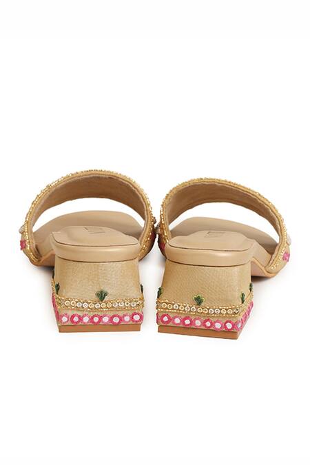 Shop_House Of Vitti India_Gold Embroidery, Sequins, Beads, Pearls Padmini Block Heels _Online_at_Aza_Fashions