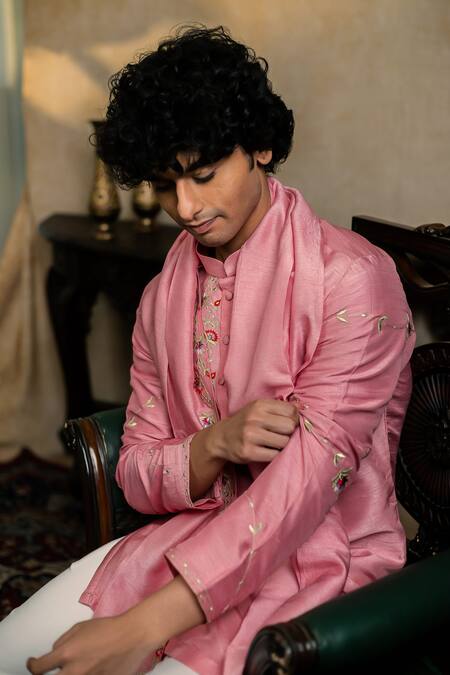 Hilo Design_Pink Silk Embroidery Gulab Pakshi Kurta With Dupatta _Online_at_Aza_Fashions