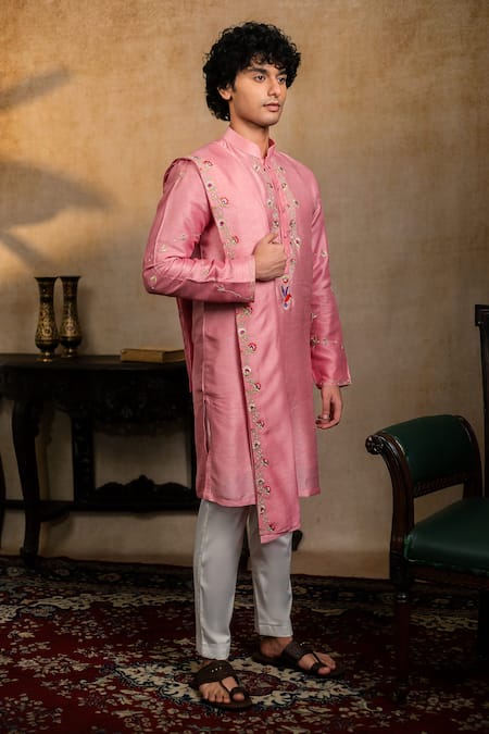 Buy_Hilo Design_Pink Silk Embroidery Gulab Pakshi Kurta With Dupatta _Online_at_Aza_Fashions