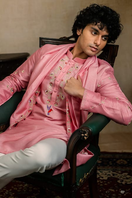 Shop_Hilo Design_Pink Silk Embroidery Gulab Pakshi Kurta With Dupatta _Online_at_Aza_Fashions