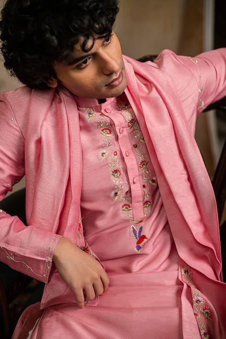 Hilo Design_Pink Silk Embroidery Gulab Pakshi Kurta With Dupatta _at_Aza_Fashions