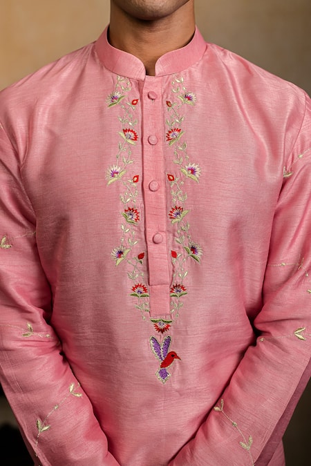 Buy_Hilo Design_Pink Silk Embroidery Gulab Pakshi Kurta With Dupatta 