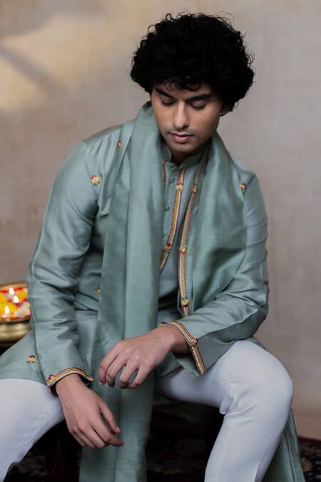 Buy_Hilo Design_Olive Green Silk Embroidery Kalika Kurta With Dupatta _Online_at_Aza_Fashions