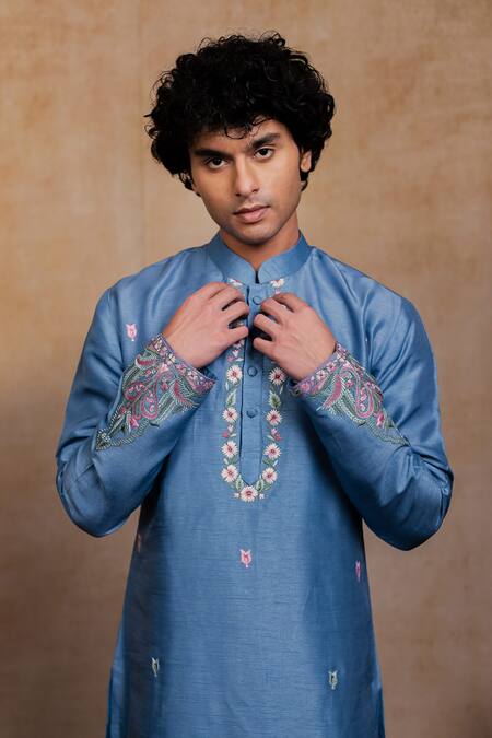 Hilo Design_Blue Embroidery Varnika Kurta With Dupatta _Online_at_Aza_Fashions