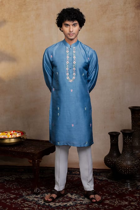 Shop_Hilo Design_Blue Embroidery Varnika Kurta With Dupatta _Online_at_Aza_Fashions