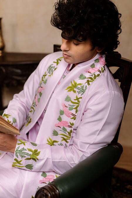 Shop_Hilo Design_Lavender Silk Embroidery Taruni Hamsa Kurta With Dupatta _Online_at_Aza_Fashions