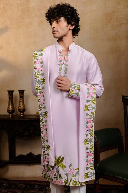 Hilo Design_Lavender Silk Embroidery Taruni Hamsa Kurta With Dupatta _at_Aza_Fashions