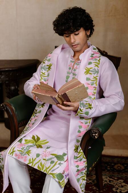 Buy_Hilo Design_Lavender Silk Embroidery Taruni Hamsa Kurta With Dupatta 