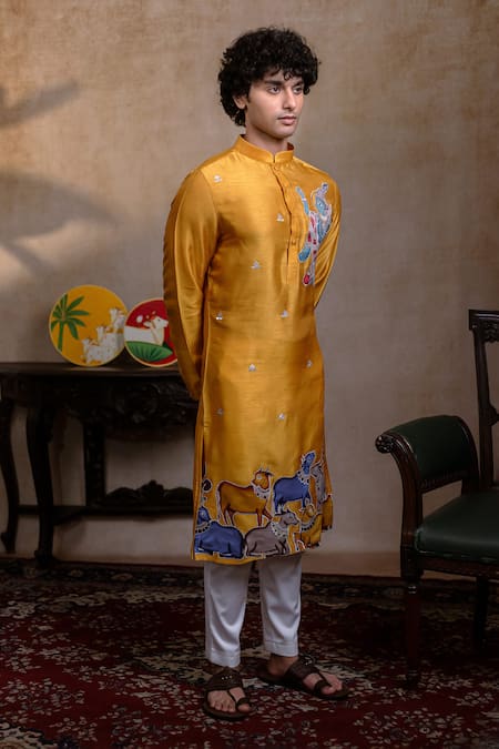 Hilo Design_Mustard Silk Embroidery Mural Krishna Kurta _Online_at_Aza_Fashions
