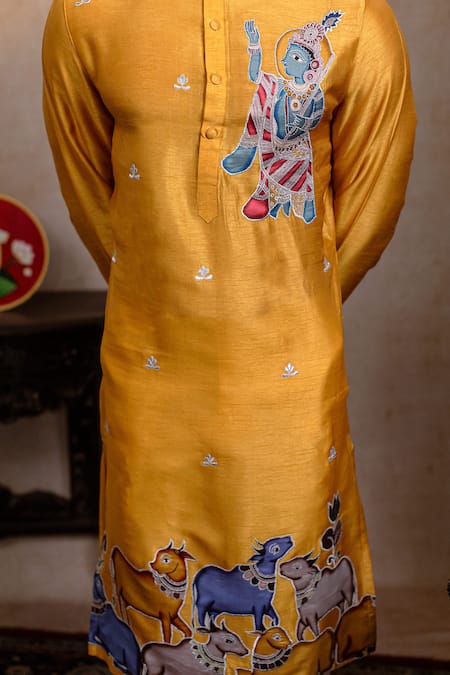 Hilo Design_Mustard Silk Embroidery Mural Krishna Kurta _at_Aza_Fashions