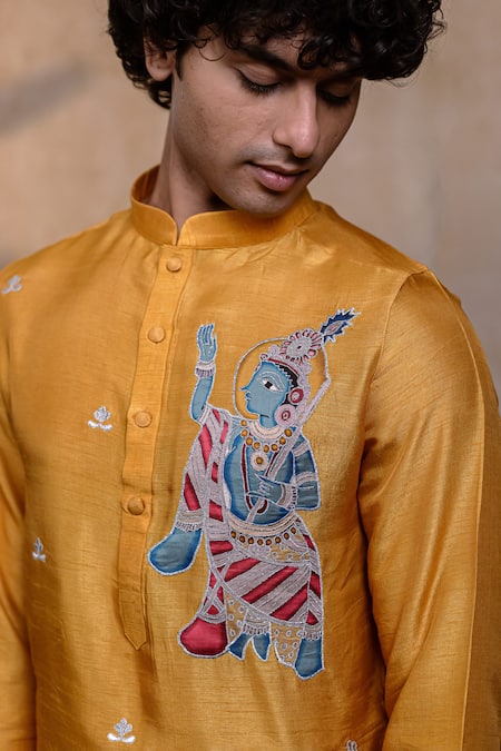 Buy_Hilo Design_Mustard Silk Embroidery Mural Krishna Kurta 