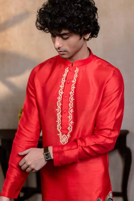 Hilo Design_Red Silk Embroidery Padma Gopala Kurta _Online_at_Aza_Fashions