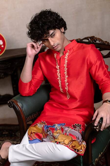 Buy_Hilo Design_Red Silk Embroidery Padma Gopala Kurta _Online_at_Aza_Fashions