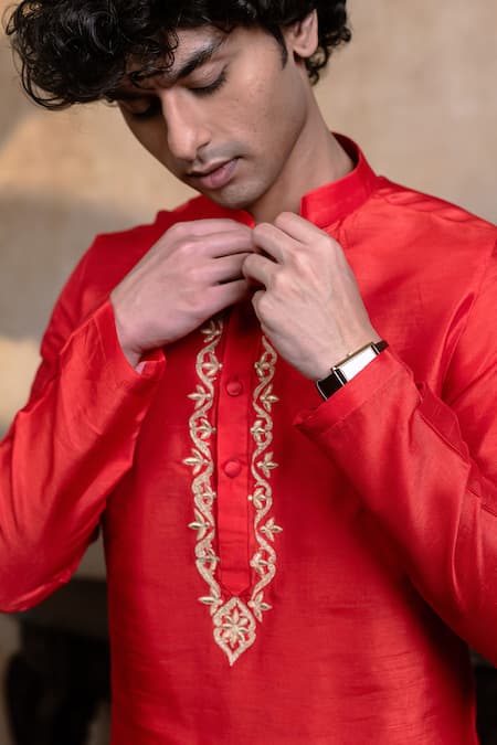 Hilo Design_Red Silk Embroidery Padma Gopala Kurta _at_Aza_Fashions