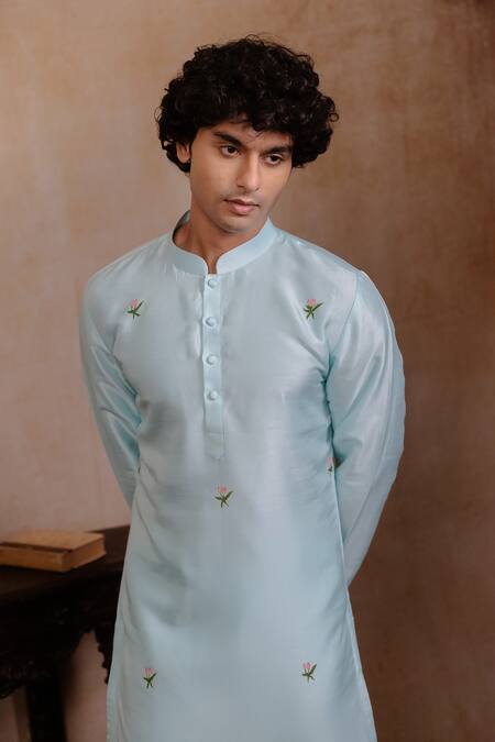 Hilo Design_Aqua Silk Embroidery Vrindavan Lotus Kurta _Online_at_Aza_Fashions