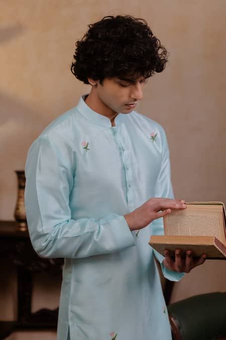 Buy_Hilo Design_Aqua Silk Embroidery Vrindavan Lotus Kurta _Online_at_Aza_Fashions