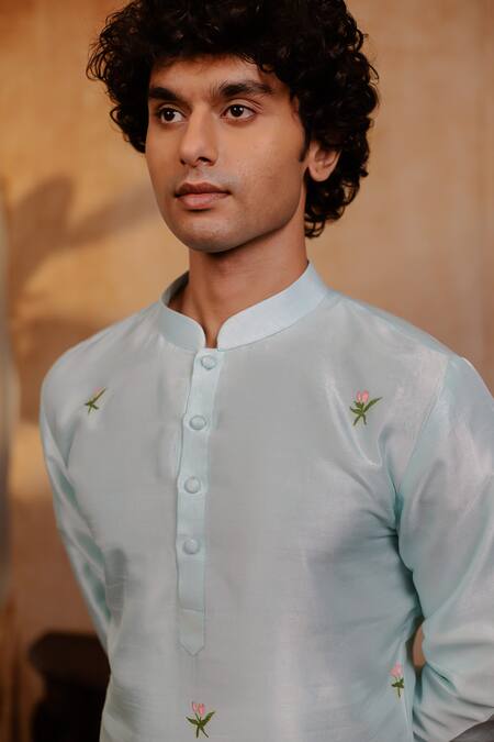 Shop_Hilo Design_Aqua Silk Embroidery Vrindavan Lotus Kurta _Online_at_Aza_Fashions