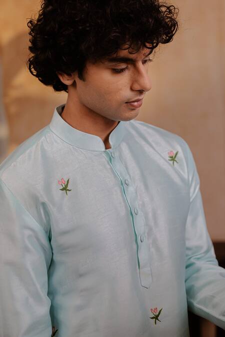 Hilo Design_Aqua Silk Embroidery Vrindavan Lotus Kurta _at_Aza_Fashions