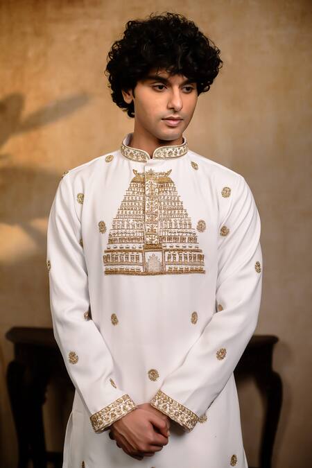 Hilo Design_White Silk Embroidery Devalaya Kurta _Online_at_Aza_Fashions