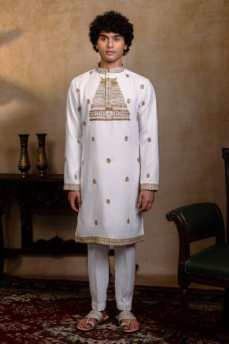 Buy_Hilo Design_White Silk Embroidery Devalaya Kurta _Online_at_Aza_Fashions
