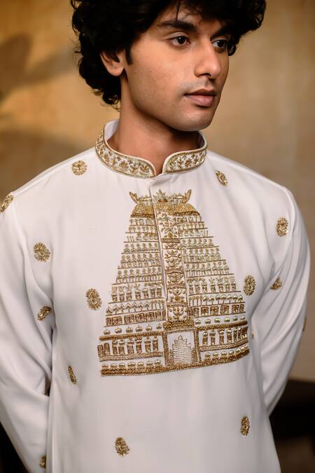 Shop_Hilo Design_White Silk Embroidery Devalaya Kurta _Online_at_Aza_Fashions