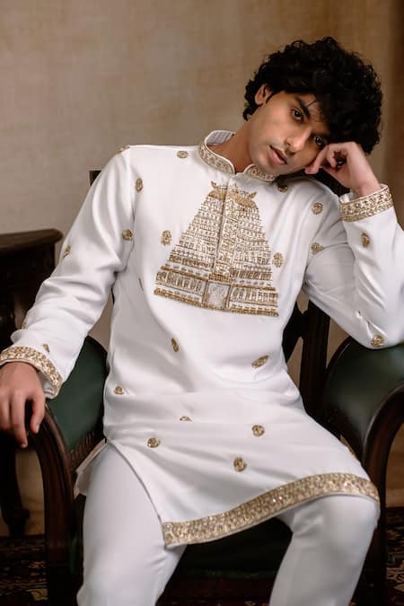 Buy_Hilo Design_White Silk Embroidery Devalaya Kurta 