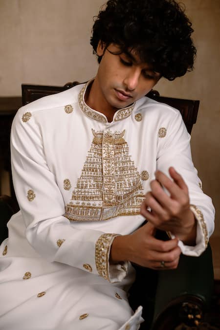Shop_Hilo Design_White Silk Embroidery Devalaya Kurta 