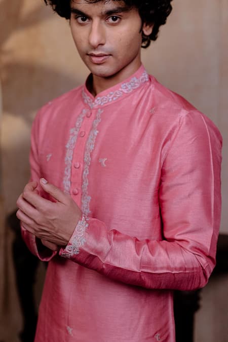 Hilo Design_Pink Silk Embroidery Prism Motif Kurta With Dupatta _Online_at_Aza_Fashions